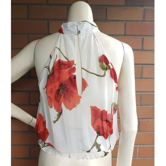Vintage large red poppy 100% viscose semi - sheer high neck top - keyhole back - Picture 5 of 10